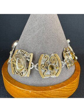 Two Tone Sterling Silver 925 Multi Gemstone Abstract Chain Bracelet 8.5" Length